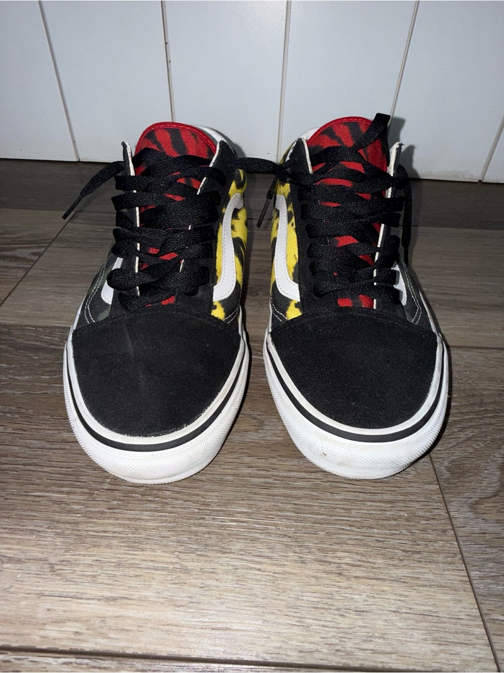 Vans White & Black Low-Top Sneakers with Red Heel Collar